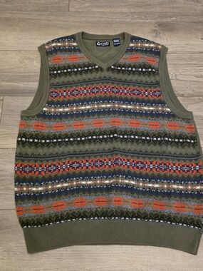 Vintage Chaps Fair Isle Knit Sweater Vest XL Olive Green 100% Cotton Mid-2000s
